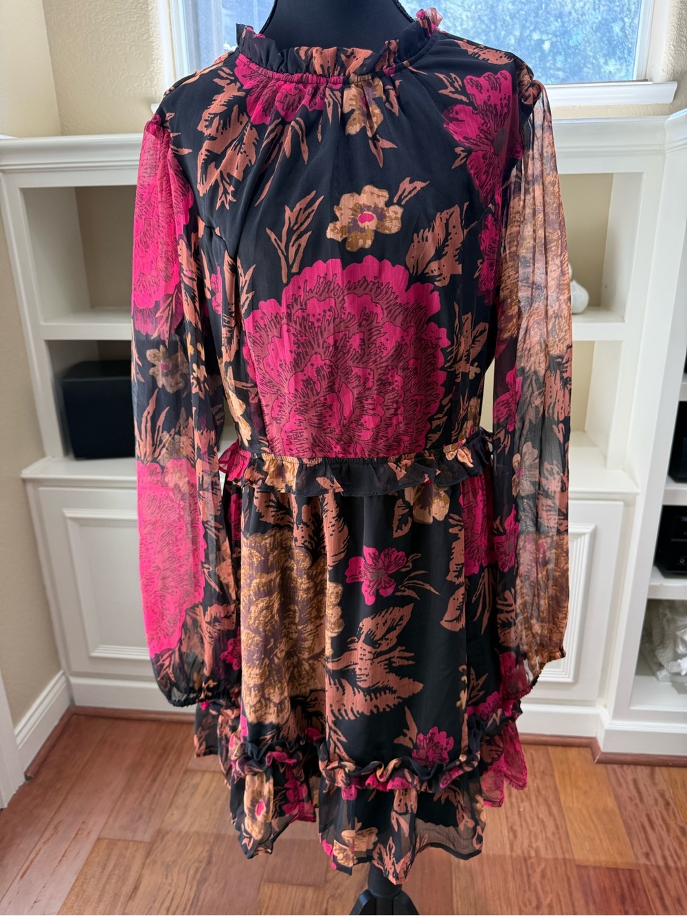 Sheer Sleeves XL Black Floral Ruffle Lined Mini Dress with Open Back High Neck